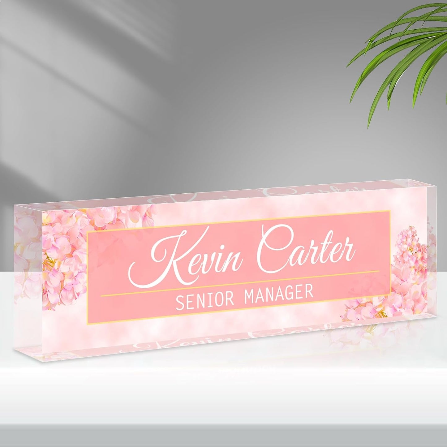 Name Plate for Desk Personalized, Acrylic Desk Decorations, Employee Appreciation Gifts, Custom Office Gifts for Coworkers, Boss, Teacher, Nurse (Pink Hydrangeas)