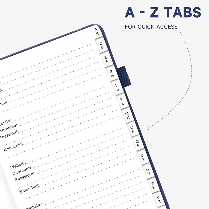 Password Book with Alphabetical Tabs – Hardcover Internet Address & Password Organizer – Password Keeper Notebook for Computer & Website – 7 x 10" Log-in Password Journal w/Thick Paper (Navy Blue)