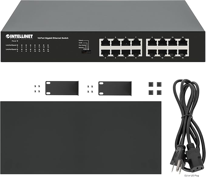 Intellinet 16 Port Gigabit Ethernet Switch – 10 / 100 / 1000 Mbps – Unmanaged,Metal Housing, Fanless Quiet, Long Distance, VLAN & Extend Mode – for Computer Desktop Networking-3 Yr Mfg Warranty–561815