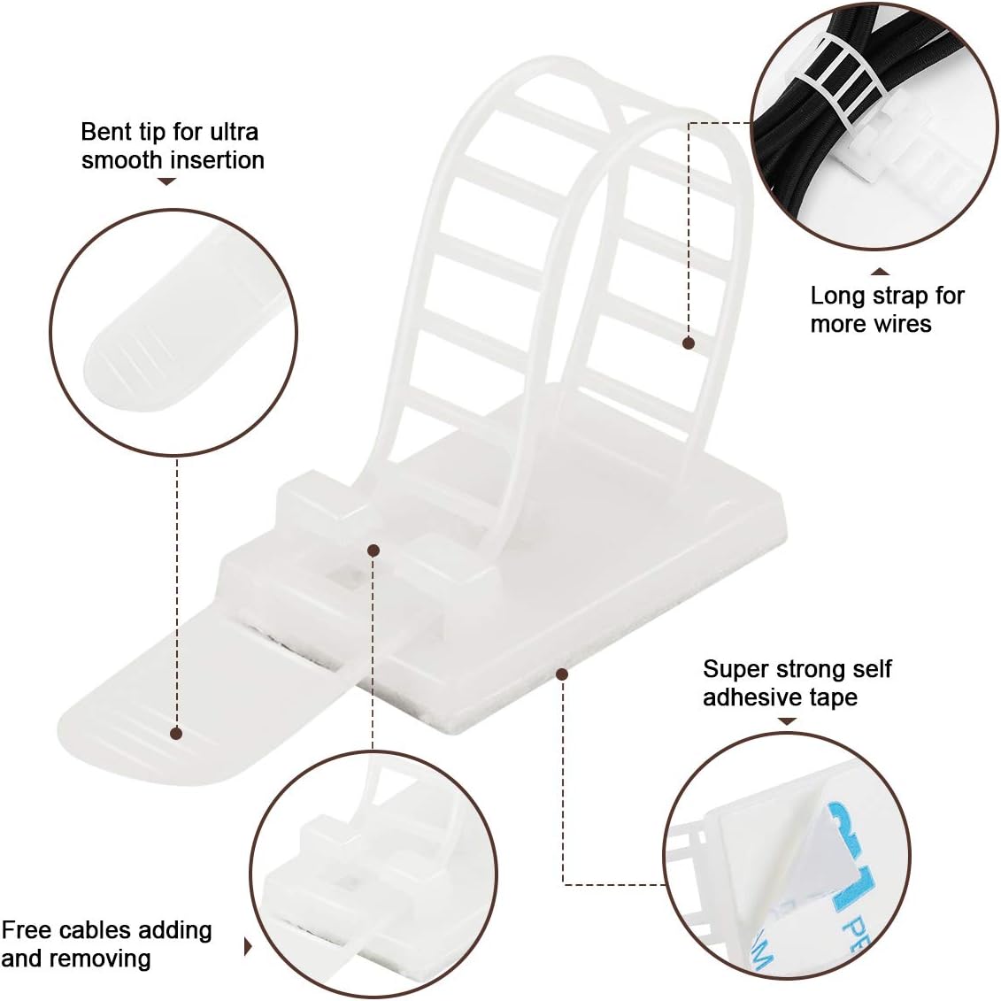 Adhesive Cable Management Clips, 50pcs Adjustable Nylon Cable Straps Wire Clips Clamps Organizer with Strong Adhesive Tape, Extra Screw & Hole for Strong Fixation Home Office - 3.55 Inch White