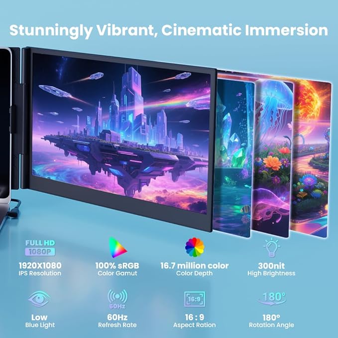 2025 Upgraded 14" Triple Laptop Screen Extender, Ultra-Thin 1080P FHD Displays for Laptop, Ultra-Light Triple Monitor for 13.3-17.3" Laptops, Compatiable with Windows/Mac/Chrome OS and Mobile Devices