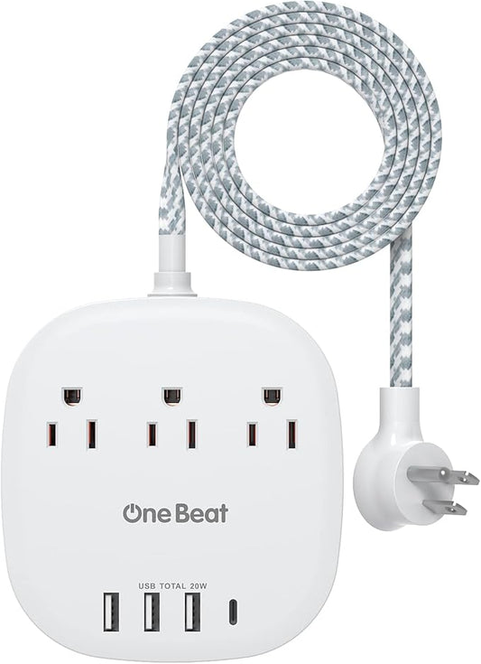 PD 20W USB C 3 Outlet 4 USB Ports Flat Plug Power Strip No Surge Protector for Cruise Ship Travel, 5 ft Long Extension Cords, Power Delivery, Desktop Power Strip for Dorm Home Office