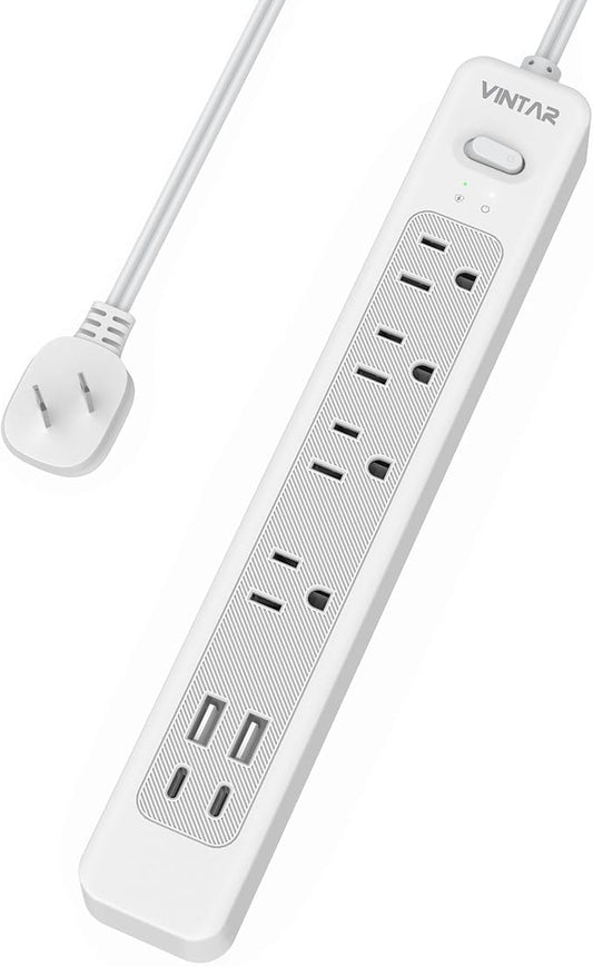 VINTAR 2 Prong Power Strip, 2 Prong to 3 Prong Outlet Adapter, 10ft Extension Cord with 4 Outlets & 4 USB(2 USB-C), 1440J Flat Plug Two Prong Surge Protector, Wall Mountable Ideal for Old House