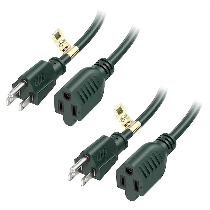 [UL Listed] Cable Matters 2-Pack 16 AWG Heavy Duty 13A Power Extension Cord - 10ft, 3 Prong Power Cord Extension, NEMA 5-15P to NEMA 5-15R, Green