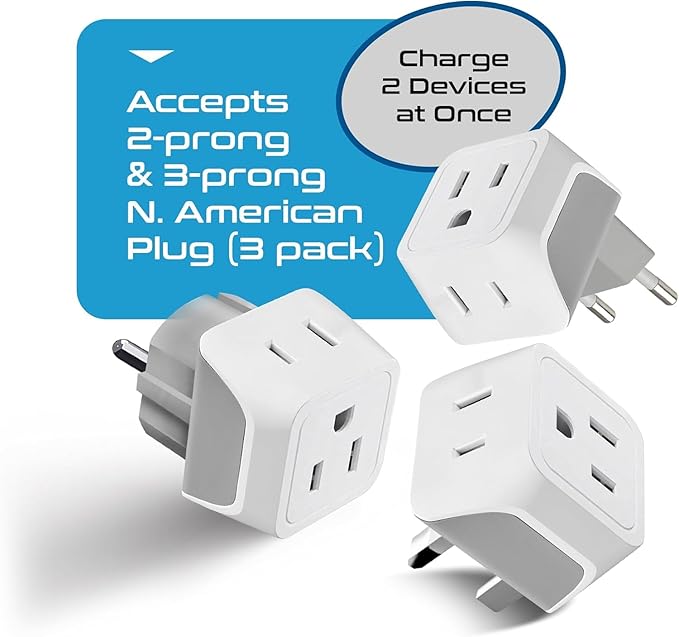 Ceptics Complete European Travel Adapter Set - 2 In 1 Usa to Europe, Germany, England, Spain, Italy, Iceland, France, (Type G, E/F, Type C) - 3 Pack, Safe Grounded Perfect for Cell Phones, Laptops