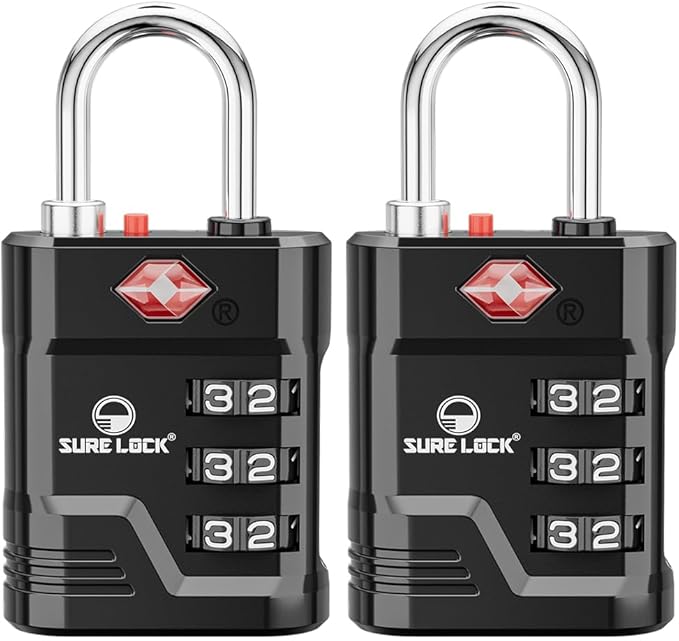 SURE LOCK TSA Locks for Luggage, TSA Approved Luggage Locks with Open Alert, 008 Key for High Security, Easy Read Dials, Zinc Alloy Body, Locker Lock for Suitcase, Gym, Travel. (Black 2 pk)