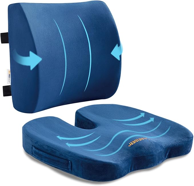 SAIREIDER Chair Cushion and Lumbar Support Pillow for Office Chair, Car Seat Cushions Back Support Pillows, Memory Foam Chair Support for Back&Lumbar, Relieve Tailbone Pain and Sciatica (Blue)