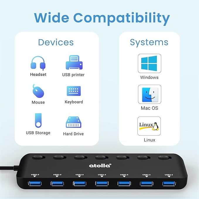 atolla USB 3.0 hub, 7 ports, Multi USB 3.0, SuperSpeed 5 Gbit/s, USB adapter with 7 switches and individual indicators, compatible with Windows, Mac OS, Linux and other operating systems