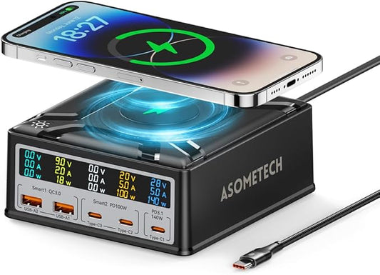 USB Charging Station,ASOMETECH 260W 5Ports Fast Charging Hub,140W PD3.1 USB C GaN Charger with LCD Display,Wireless Charger,Desktop Laptop Adapter for MacBook Pro/Air,iPad,iPhone,Samsung