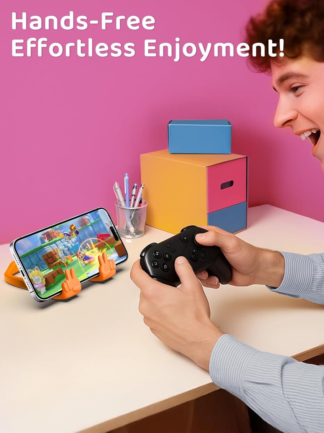 Stocking Stuffers for Teens Girls Boys Kids Cell Phone Stand: 2 Pack Upgrade Adjustable Peace Sign Thumbs Lazy Phone Holder for Desk Gadget Birthday Gifts for Women Men Adults (Hot Pink&Orange Yellow)