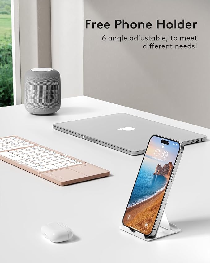 Samsers Foldable Bluetooth Keyboard with Touchpad - Portable Wireless Keyboard with Holder, Rechargeable Full Size Ultra Slim Pocket Folding Keyboards for Android Windows iOS Tablet & Laptop - Pink