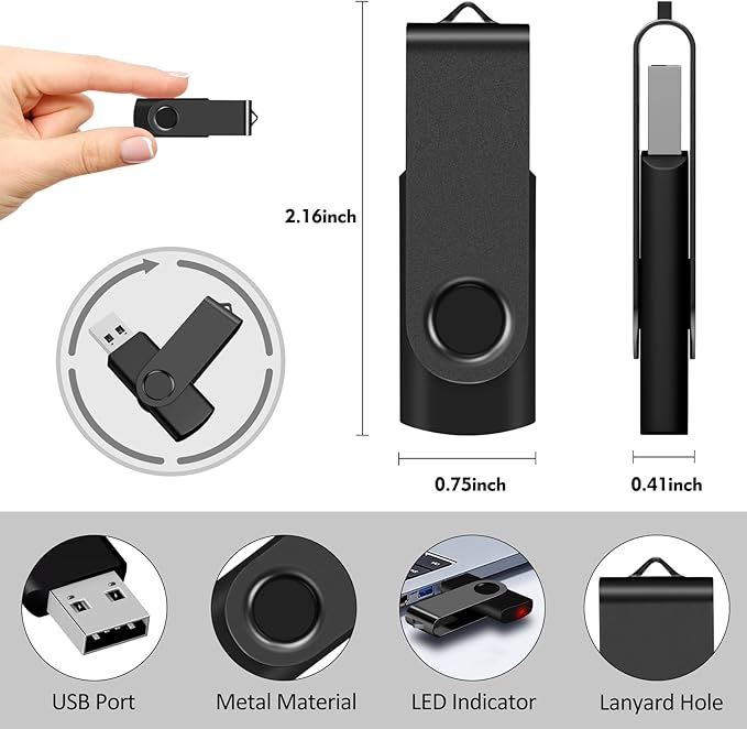 AreTop 8GB Flash Drive, 1 Pack USB 2.0 Thumb Drives USB Memory Stick Swivel Jump Drive for Home & Office Use (1 Pack 8GB, Black)
