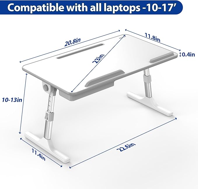 Besign LT05 Adjustable Laptop Table, Lap Desk, Portable Standing Bed Desk, Foldable Sofa Breakfast Tray, Notebook Computer Stand for Reading and Writing, Medium Size, White