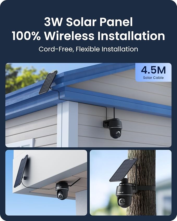 REOLINK 4K Solar Security Cameras Wireless Outdoor, 360° Pan Tilt, 8MP Color Night Vision, 2.4/5 GHz Wi-Fi 6, No Monthly Fee, Home Hub Compatible, Argus PT 4K+ 3W Solar Panel (Black)