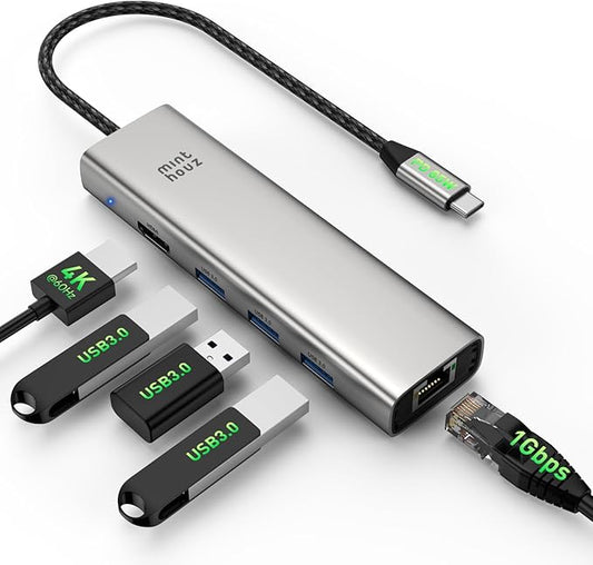 Minthouz USB C Hub, 6 in 1 Laptop Docking Station, Multiport Adapter with HDMI 4K@60Hz, 1000Mbps LAN, USB 3.0 Ports, PD 100W Charging, Compatible with Surface, M1, M2, M3, HP, Lenovo