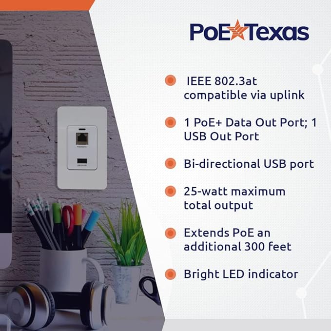 PoE Texas Gigabit PoE Splitter in-Wall USB Charging Port - Fast 5V USB Charging and RJ45 Power Over Ethernet Output for WiFi Internet Router, Camera, Phone Network