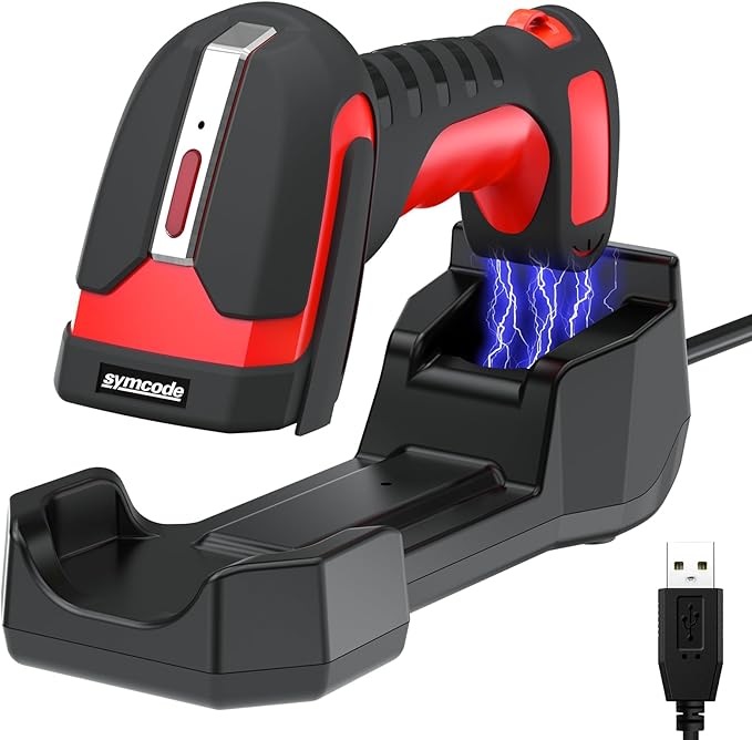 Industrial 2D Bluetooth Barcode Scanner with Charging Base,Bluetooth & 433MHz Wireless 2-in-1 1968ft Transmission Distance,Auto-scanning Available,Support on DPM Code