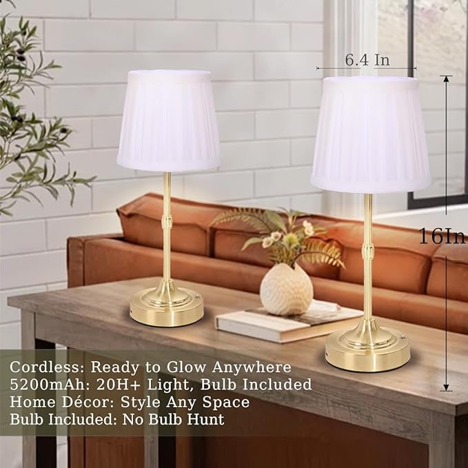 Cordless Lamp, Rechargeable Battery-Operated Lamp with Fabric Lampshades, 2 Pack Dimmable Desk Lamps for Kitchen, Bedroom, Living Room, Nightstand, Balcony, Home Décor (Gold-Pleated)