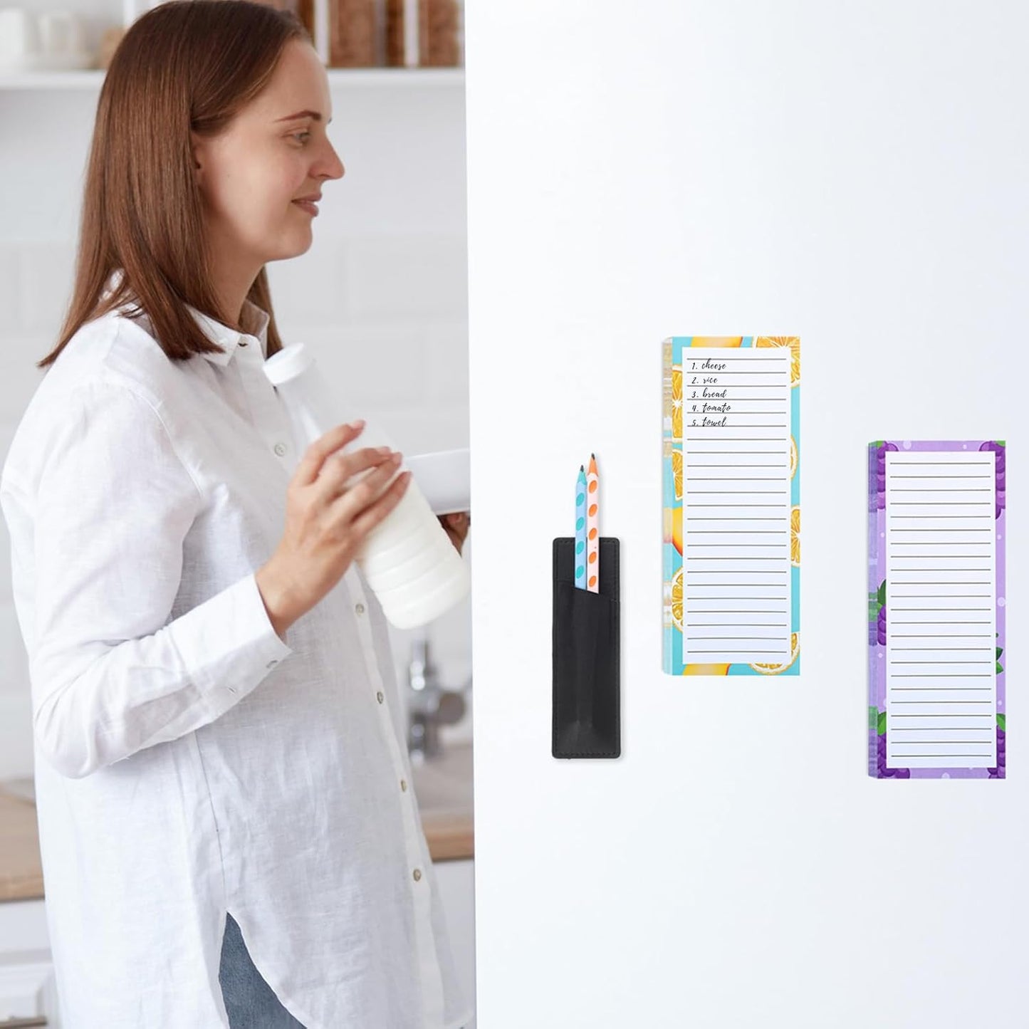 4 Pack Magnetic Note Pad for Fridge with Pen Holder, Totally 200 Sheets Grocery List Magnet Pad for Refrigerator Magnetic Shopping List Pad（Fruit Design）