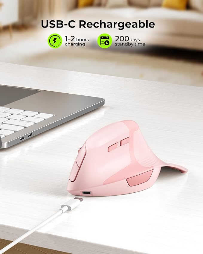 seenda Ergonomic Mouse Rechargeable, 2.4G USB & Type C Vertical Wireless Ergo Mouse with Instant Desktop Return Key, Quiet Click, Palm Rest, Anti-Slip Optical Mice for Mac OS, Windows, Pink