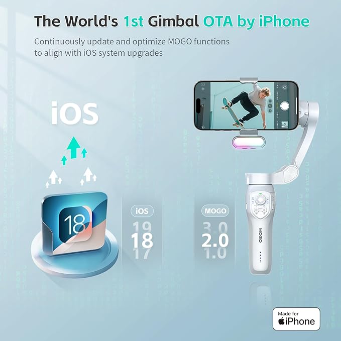 COMITOK Only for iPhone, MOGO [Apple MFi Certified] Gimbal Stabilizer for iPhone with Phone Clip & RGB Light, Support Selecting Tracking Target on Apple Watch & iOS26 Cameras for iPhone 16 15 Pro Max