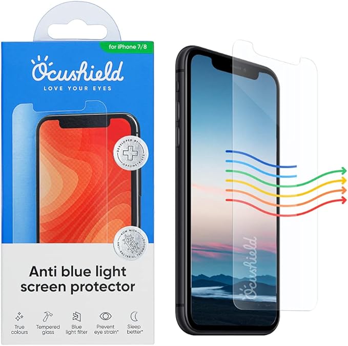 Ocushield Anti Blue Light Tempered Glass Screen Protector for iPhone 7 | iPhone 8 - Protect Your Eyes, Reduce Migraines & Improve Sleep