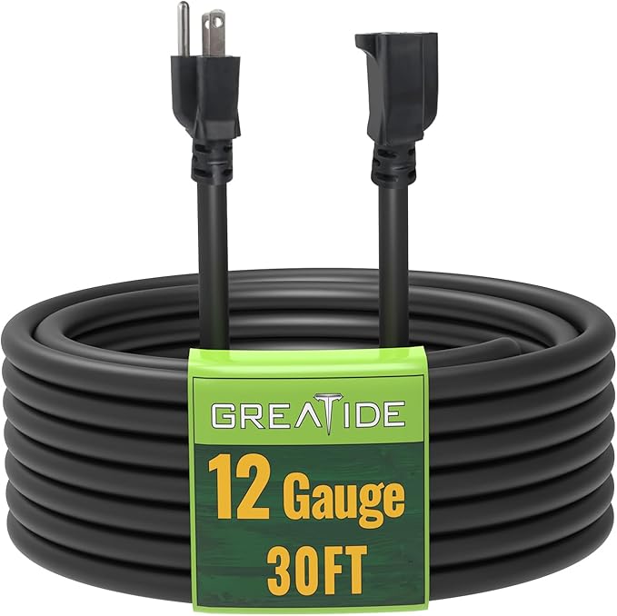 30 Ft Outdoor Extension Cord - 12/3 SJTW Heavy Duty Black Extension Cable with 3 Prong Grounded Plug - Power Cord for Lawn, Garden, Appliances