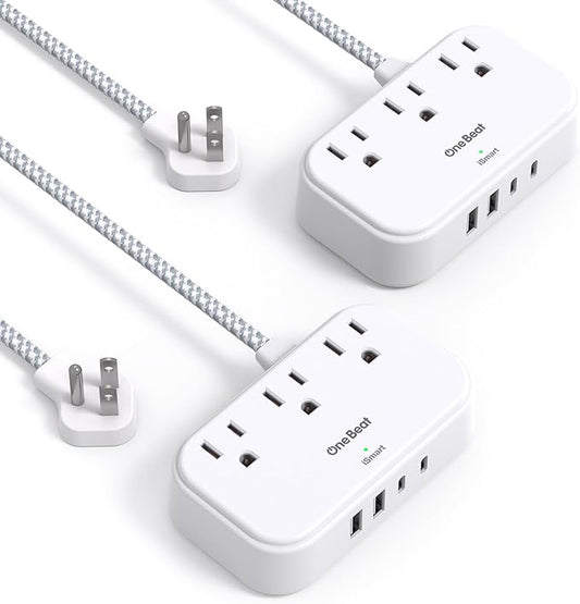 2 Pack Cruise Essentials, 5 Ft Flat Extension Cord, 3 Outlets 4 USB Ports(2 USB C) Flat Plug Power Strip, USB Charging Station with Non Surge Protector for Cruise Ship, Travel, Dorm Room Essentials