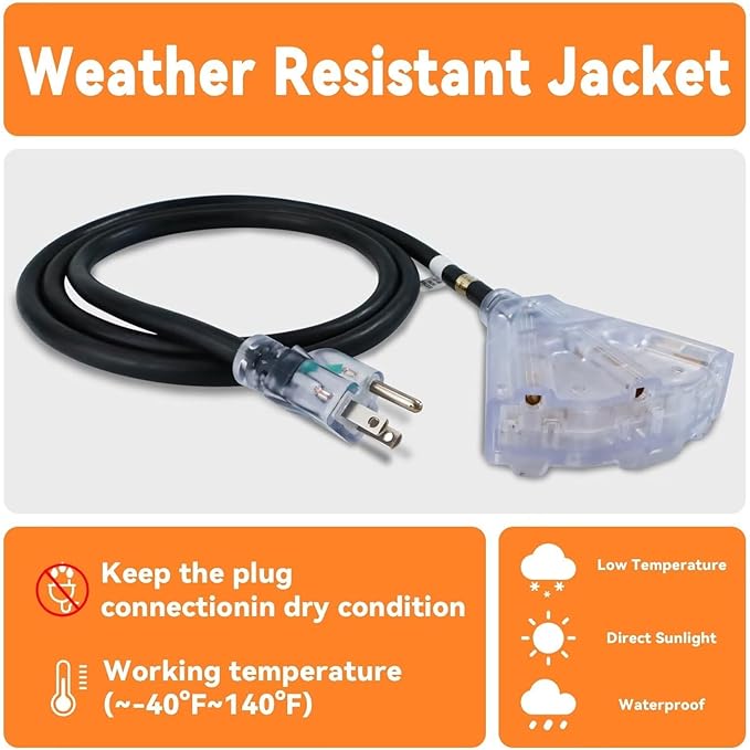 EP 25 Ft 12 Gauge Heavy Duty Extension Cord, 15A 125V 1875W, 3 Outlet Indoor/Outdoor Power Cord with Lighted End, 12/3 SJTW Weatherproof Black, UL Listed