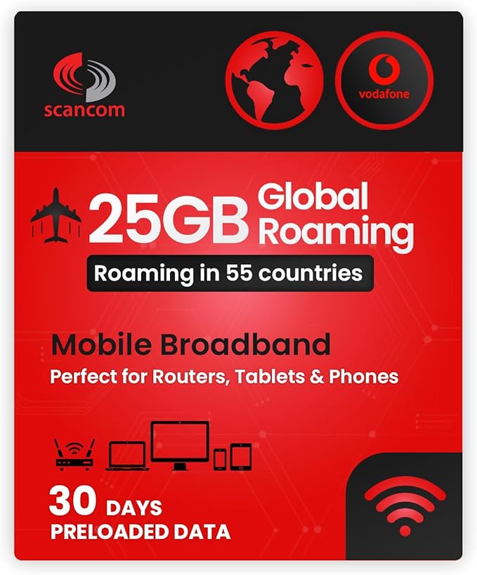 25GB Global Roaming Vodafone Data Sim Card - Perfect for Unlocked Devices - Activate When You Receive The SIM - Roaming for 30 Days in 55 Countries (Europe, USA & More)