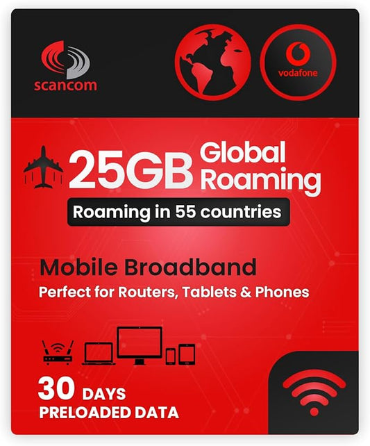 25GB Global Roaming Vodafone Data Sim Card - Perfect for Unlocked Devices - Activate When You Receive The SIM - Roaming for 30 Days in 55 Countries (Europe, USA & More)