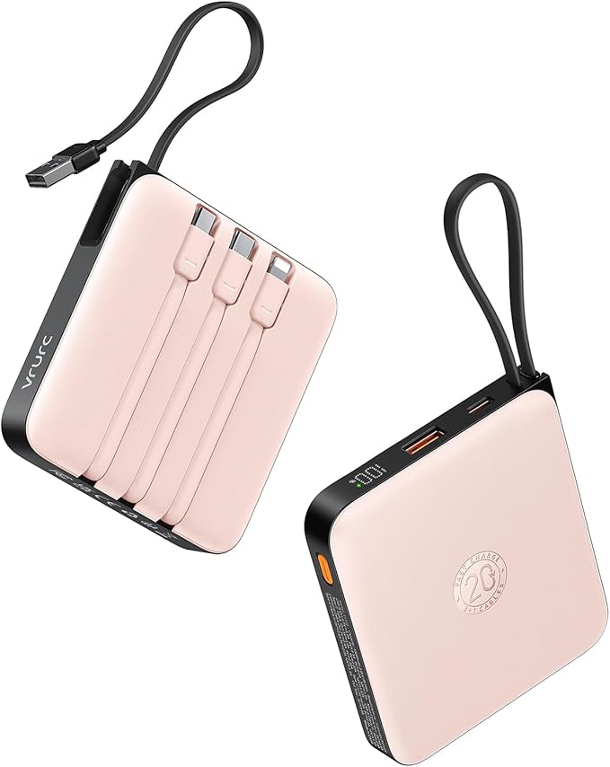 VRURC 20000mAh Power Bank Built-in Cables, Travel Essentials, Portable Charger 22.5W Fast Charging USB C Battery Pack, Phone Battery for iPhone 17 15 14 13 12 11 x Samsung Android Phone,Pink(1 Pack)