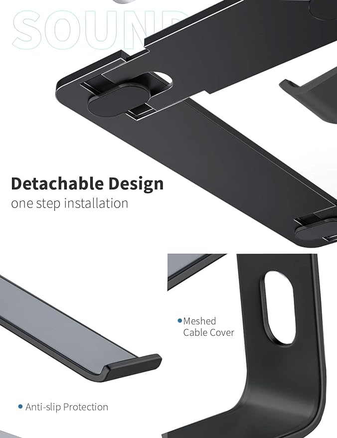 SOUNDANCE Laptop Stand, Aluminum Computer Riser, Ergonomic Laptops Elevator for Desk, Metal Holder Compatible with 10 to 15.6 Inches Notebook Computer, Black
