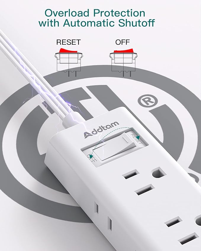 Flat Extension Cord 10 ft - Addtam Flat Plug Power Strip with 6 Outlets Extender, No Surge Protector for Cruise Ship, Dorm Room Travel Essentials, ETL Listed