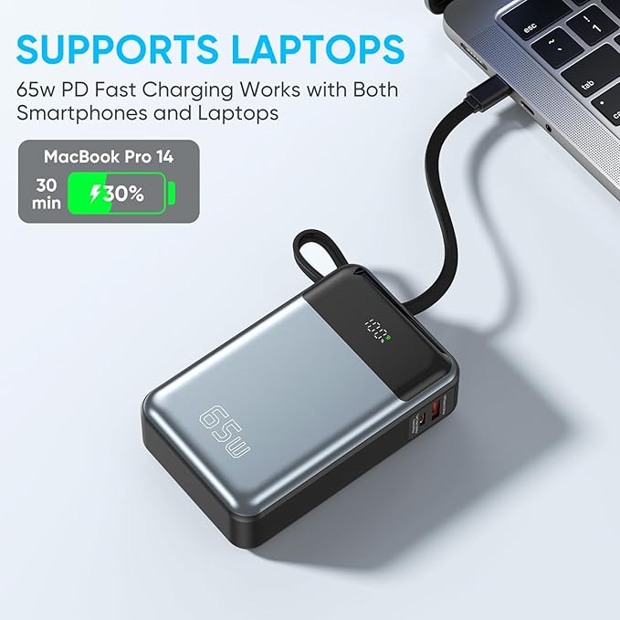 Laptop Power Bank,26800mAh Laptop Portable Charger with Built in Type-c Cable,65W Fast Charging,3-Port Battery Pack,Smart Display,for MacBook,iPad,iPhone,Switch,AirPods,Samsung
