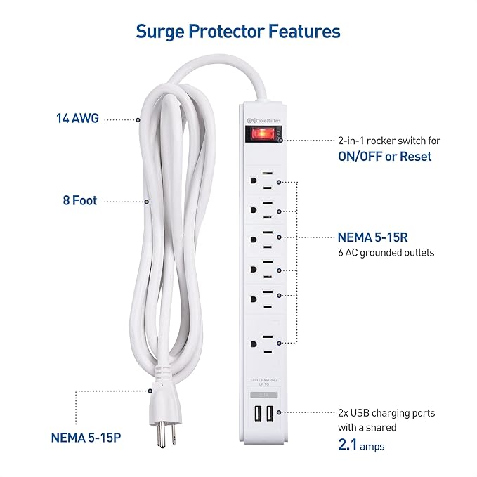 [ETL Listed] Cable Matters 2-Pack 6-Outlet Surge Protector Power Strip with USB Ports - 8ft, Long Extension Cord, Surge Protector with USB Ports, White