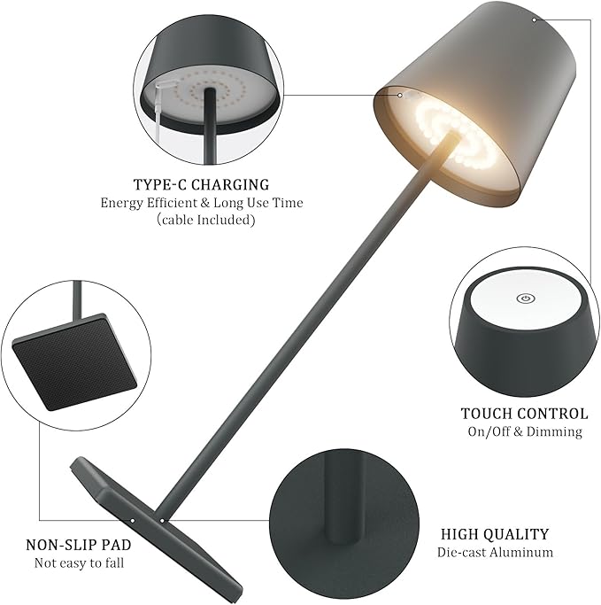 2 Packs LED Cordless Table Lamp, Rechargeable Battery Desk lamp 5500mAh Battery Operated Stepless Dimming Modern Portable Table Light for Restaurant/Table/Bedroom/Outdoor IP54 Waterproof (Anthracite)