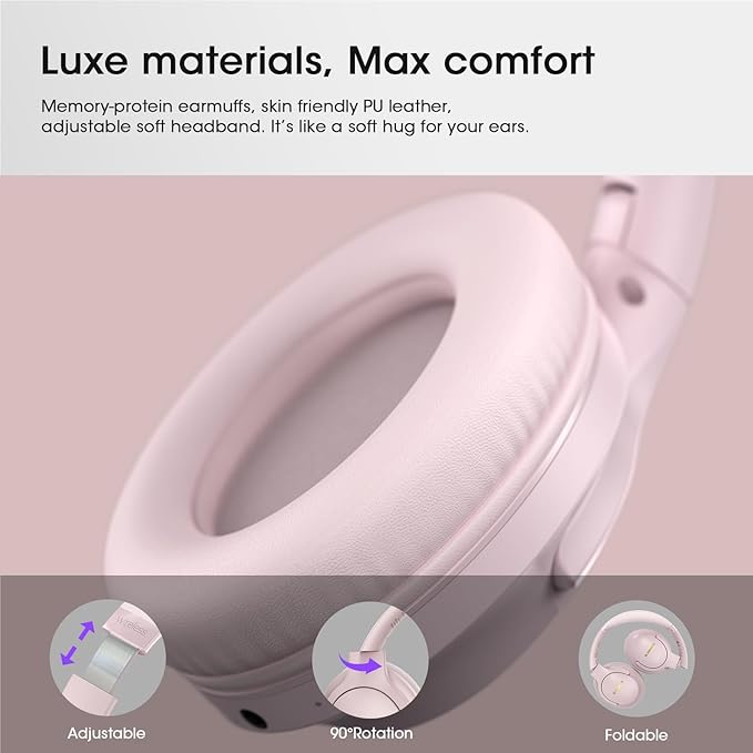 Bluetooth Headphones Over Ear, 80H Playtime Wireless Headphone with 3 EQ Modes, Built-in Mic, Deep Bass, HiFi Stereo Foldable Wireless Headset for iPhone PC Travel Workout Office (Pink)