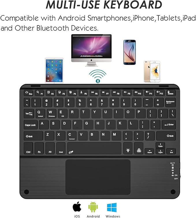 TouchPad Keyboard case for 9",9.7",10.1",10.2",10.5",10.9",11" Tablets,2-in-1 Bluetooth Wireless Keyboard with Touchpad,7 Colors Backlit & Leather Folio Cover(Black)