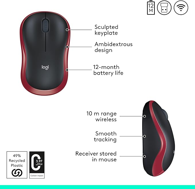Logitech M185 Wireless Mouse, 2.4GHz with USB Mini Receiver, 12-Month Battery Life, 1000 DPI Optical Tracking, Ambidextrous, Compatible with PC, Mac, Laptop - Red