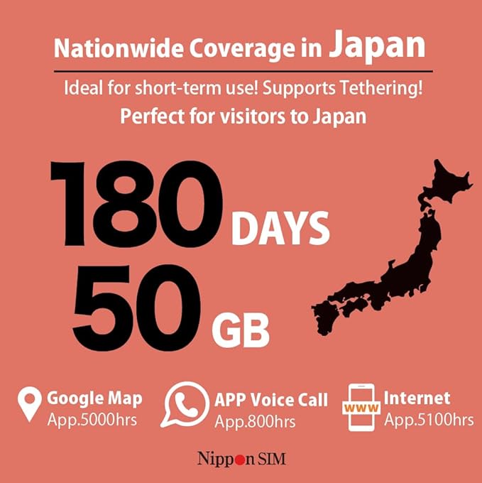 [eSIM] Japan eSIM 180 Days Data Only SIM | 50GB High-Speed 4G LTE + Unlimited Data at Reduced Speed | No Roaming Needed for Faster, Safer Access | Hotspot tethering Supported | Docomo | Made in Japan