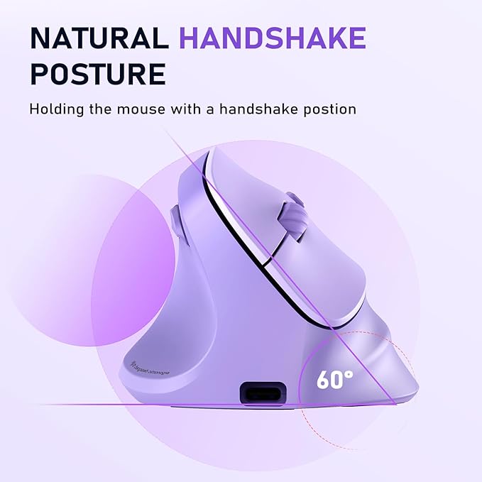 MEETION Left-Handed Mouse, Ergonomic Mouse Wireless Vertical Mouse, RGB Rechargeable Mice for Bluetooth(5.2 + 3.0) & USB-A with Type-c Adapter 4 Adjustable DPI for Mac/Windows/PC/Tablet/iPad Purple