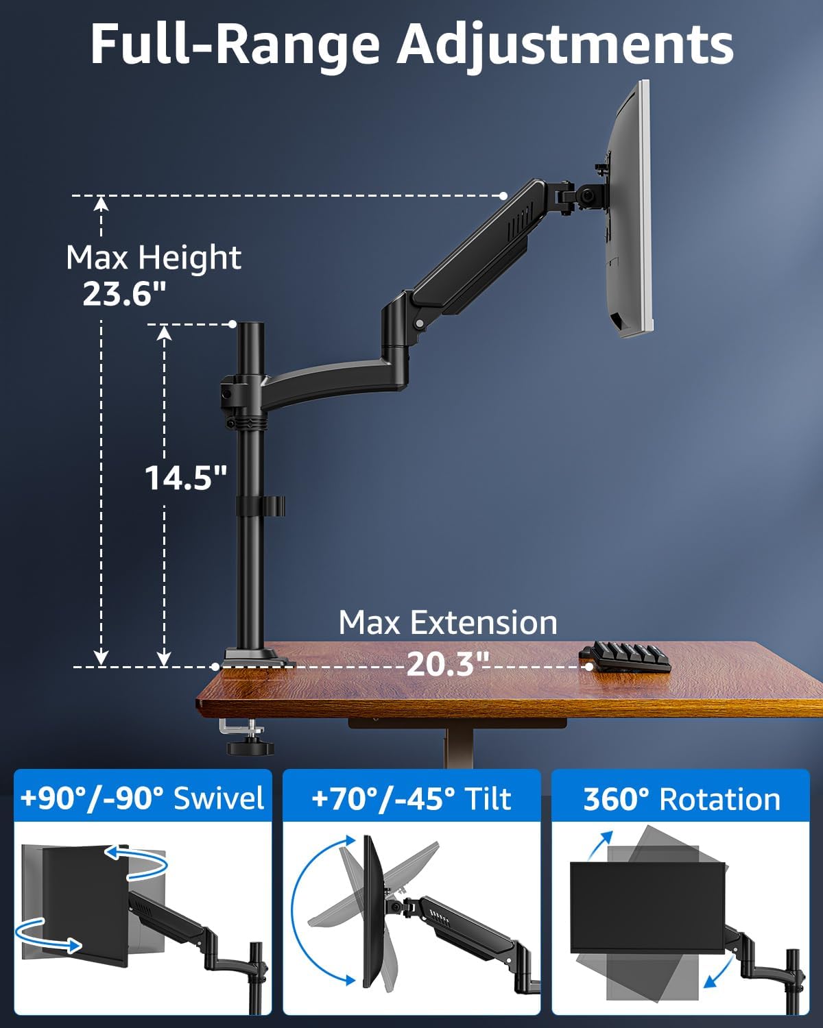 Single Monitor Arm Holds 4.4-22lbs, Monitor Stand for Desk, Height Adjustable Monitors Mount for 32 27 24 22inch, Full-Motion Monitors Desk Mount with C-Clamp＆Grommet Base, Freelift Black