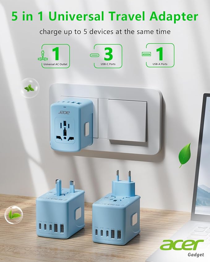 Acer Universal Travel Plug Adapter - International Power Adapter with 5 USB Ports (3 USB C) 5.8A, Worldwide Outlet Charger for USA to European UK France Germany Spain, Type C/E/F/G/I/L/A, Blue