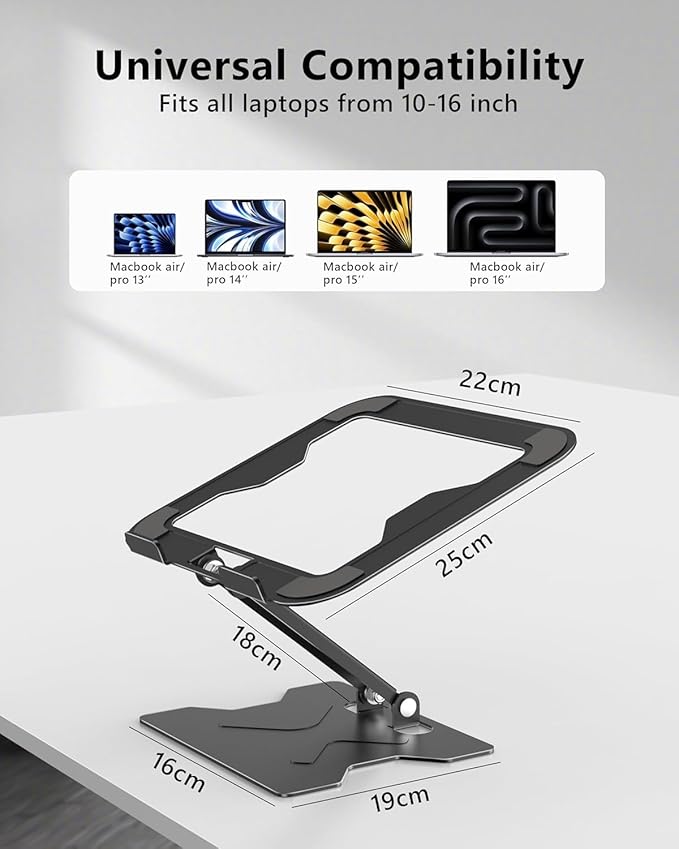 Adjustable Laptop Stand for Desk, Metal Foldable Laptop Riser, Portable Laptop Holder Mount, Ventilated Cooling Computer Notebook Stand for MacBook Air Pro, All 10-16'' Notebooks Laptops, Black