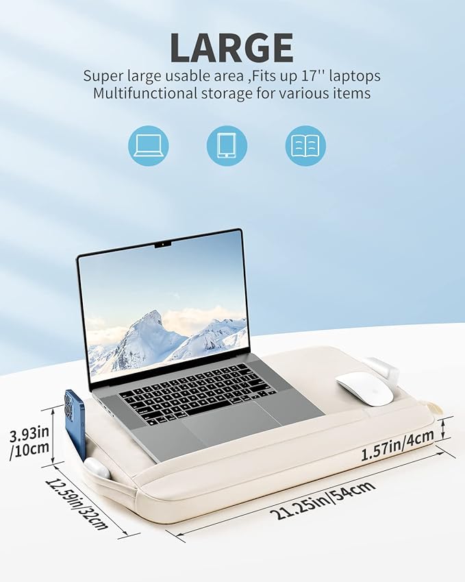 SAIJI Laptop Lap Desk with Pillow Cushion, Ultra Lightweight Portable Computer Stand Desk for Couch, Bed & Chair, Fit up to 17” Laptop & MacBook Air with Side Pocket, Rails for Airflow