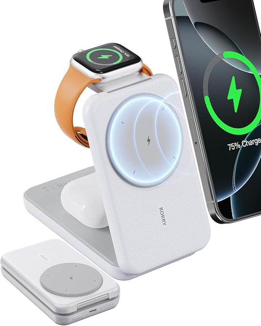 RORRY Portable Charger, 3-in-1 Charging Station 10000mAh Portable Charger Power Bank for MagSafe Foldable Battery Pack Travel for iPhone 16/15/14/13/12, for Apple Watch 10/9/8/7/6/5/Ultra/2, White