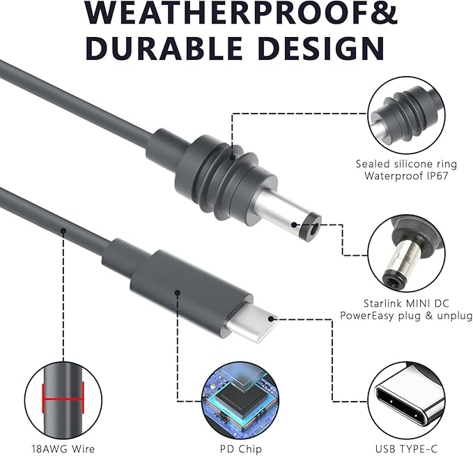 OTPEIR Starlink Mini DC Power Cable, Power Cord for Starlink Mini Accessories, Waterproof Outdoor 18AWG Durable Cable,Gray (C-DC 9.84FT)