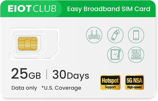 EIOTCLUB Prepaid Data SIM Card 25GB/30Day, 5G/4G LTE Nationwide Coverage, Compatible with AT&T Network | Data Only SIM Card for Routers, Portable WiFi Hotspots, Tablets & Unlocked Phones, No Contract
