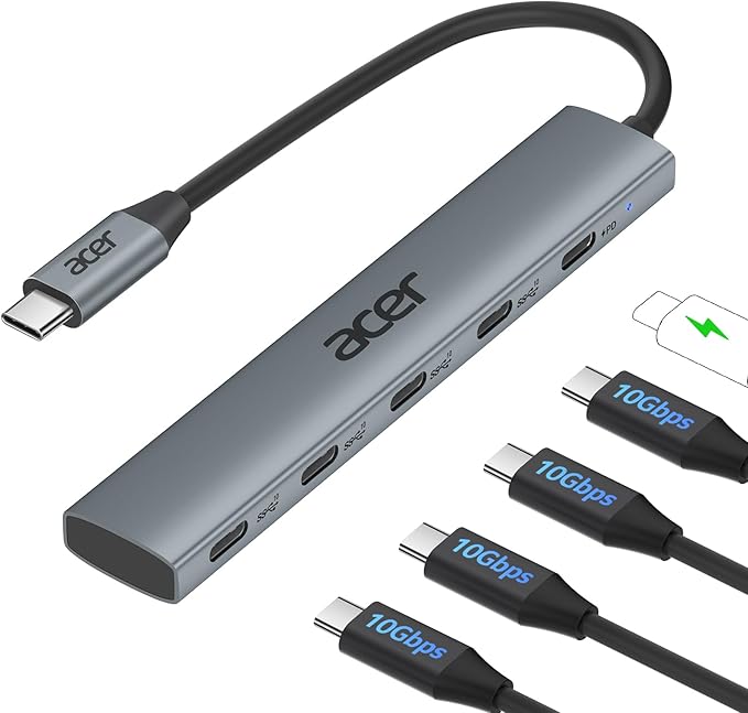 Acer 10 Gbps USB C Hub, USBC Splitter with 4*USB C 3.2 and 100W PD Port, Fast Transfer Type-C Multiport Adapter Compatible with MacBook Pro/Air M2/M1, iPad, Surface Pro, XPS【No Video Output】